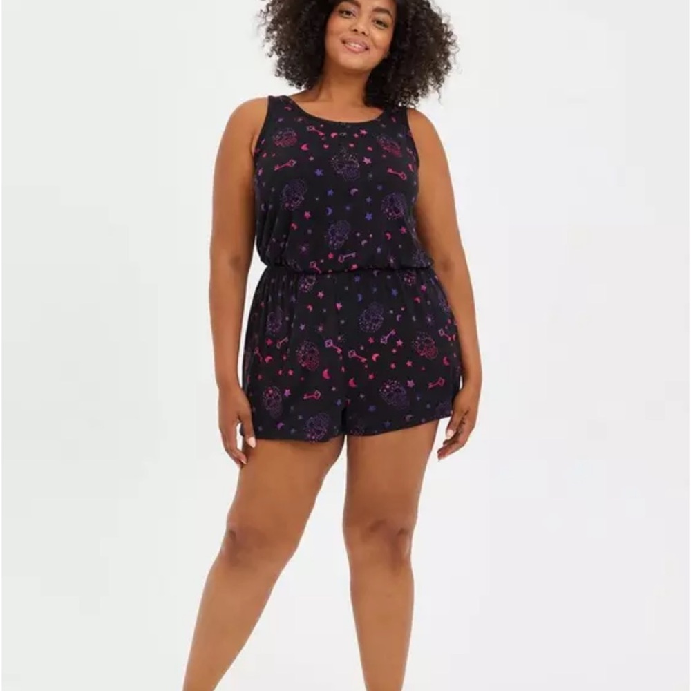 Torrid Black Sleeveless Romper with Pink and Purple Pattern